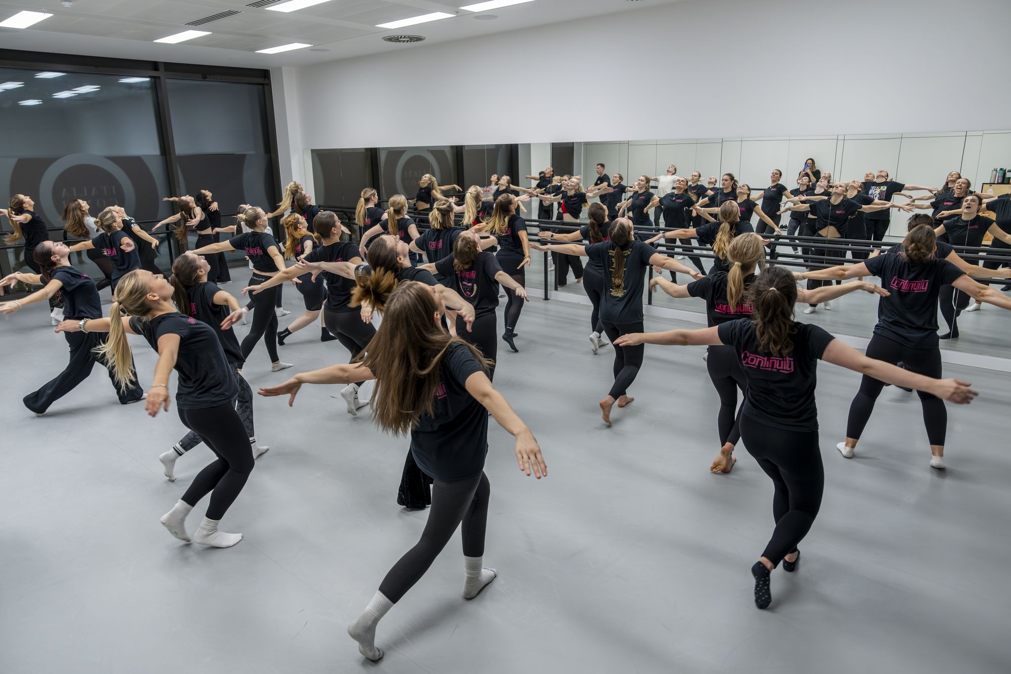 Continuity dancers rehearsing at Italia Conti Studios, Woking